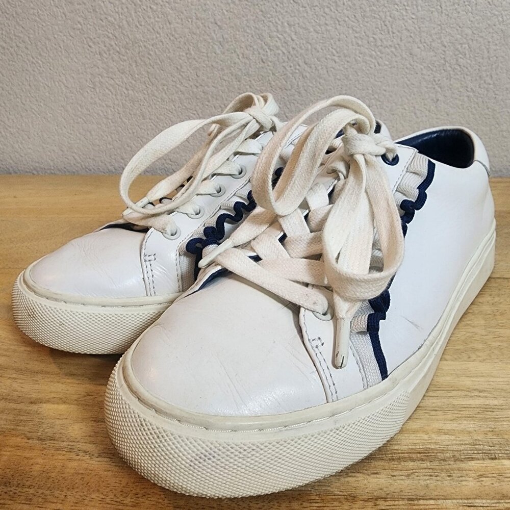 Tory Sport Shoes Womens Size 7.5 White Navy Leather Lace Up Low Top Sneakers - Picture 6 of 10